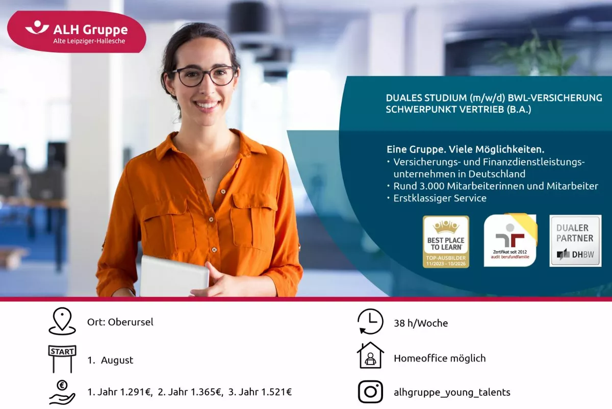 Duales Studium (m/w/d) BWL-Versicherung Schwerpunkt Vertrieb (B.A.)