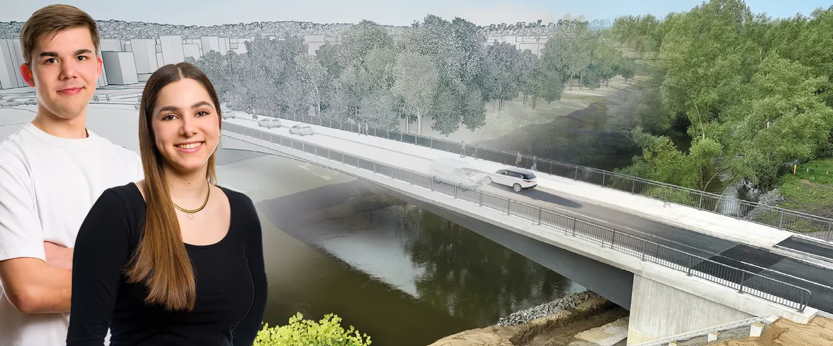 Auszubildende vor einer Brücken Zeichnung