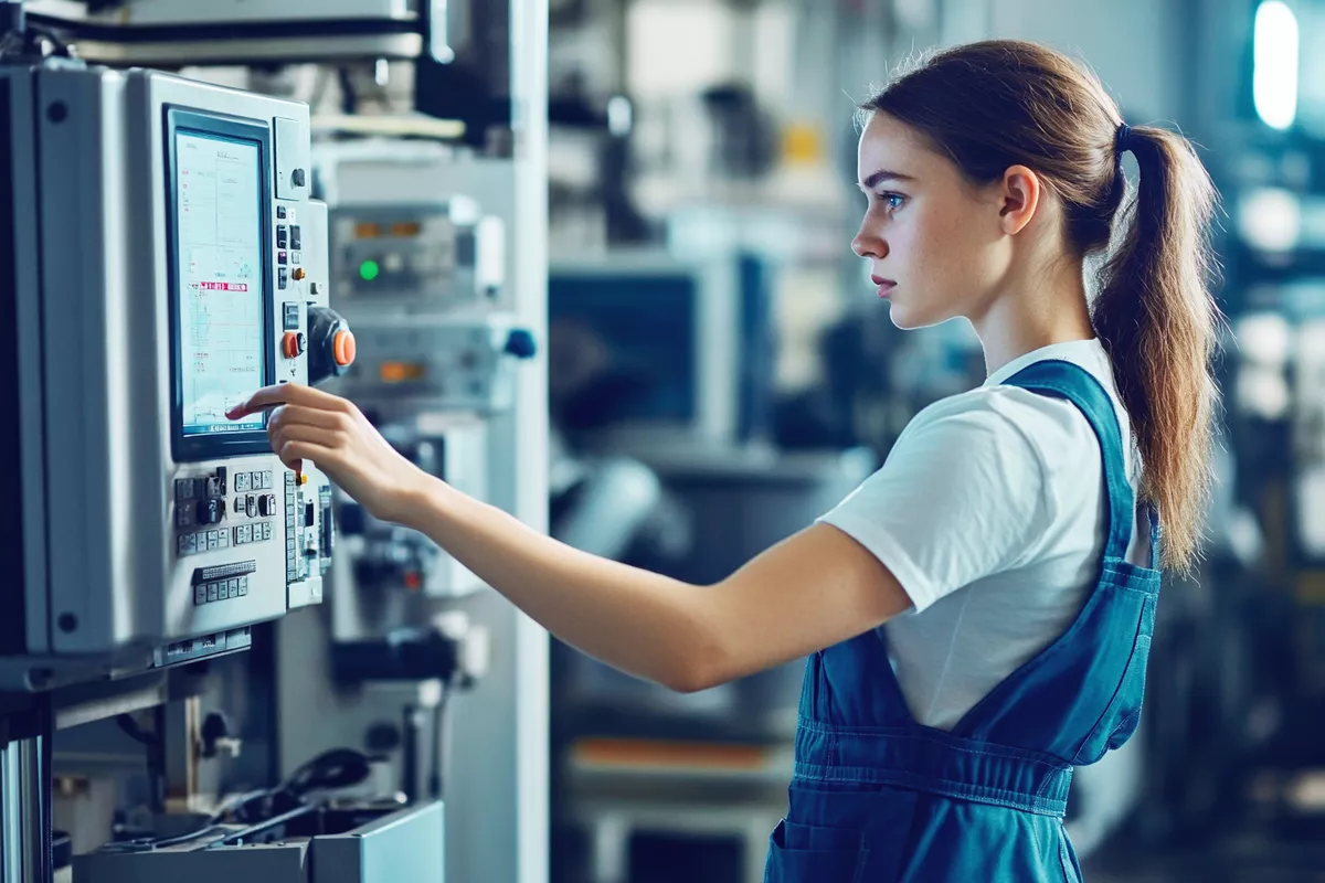 Mechatronikerin schaut sich Display an